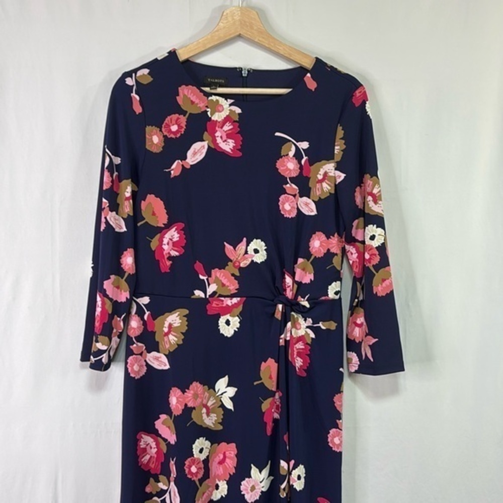 🥒 talbots, navy blue knit dress with pink and white large scale floral